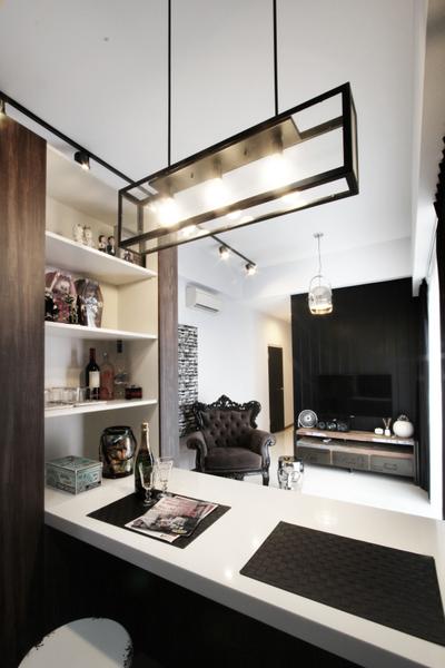 Zion Road, Dreammetal, Contemporary, Kitchen, Condo, Cushioned Chair, Tv Shelf, White Shelf, Black Track Lights, Wooden Shelf, Black Table Mat, Classic Chair, Tv Console, Black, Open Shelf, Pendant Lights, Tv Feature Wall, Feature Wall, Chair, Furniture