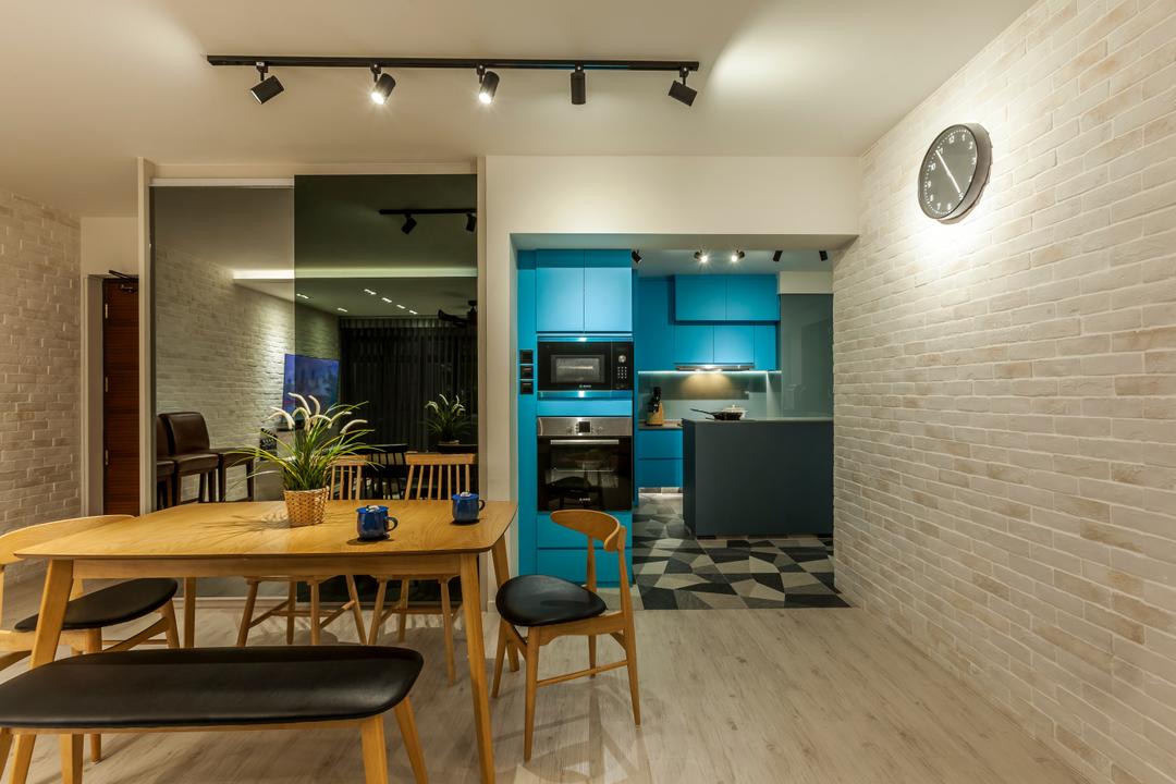 Bedok Central (Block 219B), The Interior Lab, Scandinavian, Dining Room, HDB, Wooden Floor, Red Brick Wall, Black Track Lights, Wood Dining Table, Wooden Dining Chair, Flora, Jar, Plant, Potted Plant, Pottery, Vase, Dining Table, Furniture, Table, Chair, Indoors, Interior Design, Kitchen, Room