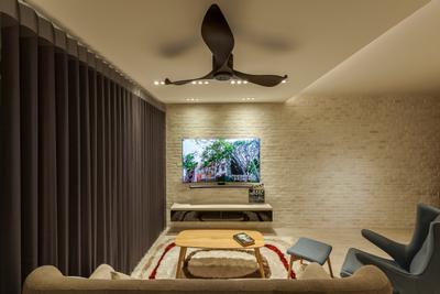 Bedok Central (Block 219B), The Interior Lab, , Living Room, , Contemporary Living Room, Mini Ceiling Fan, Recessed Lights, Sling Curtain, Armseat, Wall Mounted Television, Floating Television Console, Red Brick Wall, Chair, Furniture