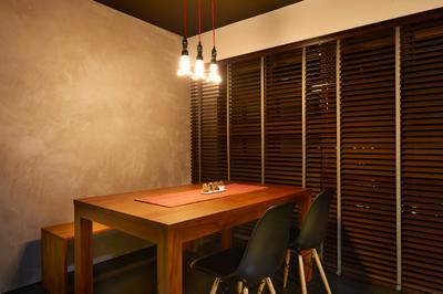 Punggol Field, Spire Id, Minimalist, Dining Room, HDB, Concrete Wall, Industrial Wall, Hanging Light, Lighting Bulbs, Wooden Table, Wooden Chair, Black Chair, Blinds, Venetian Blinds, Wooden Bench, Chair, Furniture, Indoors, Interior Design, Room, Dining Table, Table
