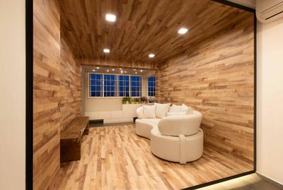 Woodlands Avenue, Spire Id, Modern, HDB, Wooden Table, Laminated Wall, Laminate Flooring, Wooden Flooring, White Sofa, Wall Mounted Table, Recessed Lights, Wooden Walls
