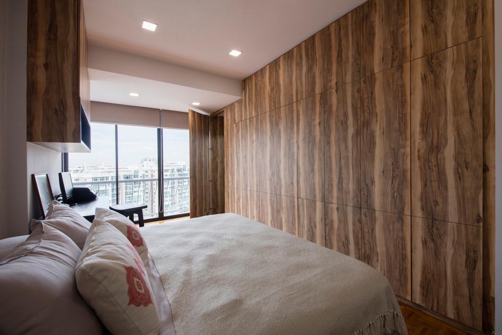 Traditional, Condo, Bedroom, Chuan Park, Interior Designer, Forefront Interior, Contemporary Bedroom, King Size Bed, Cozy, Cosy, Wooden Wall, Wooden Floor, Recessed Lights, Sling Curtain, Bed, Furniture, Indoors, Interior Design, Room