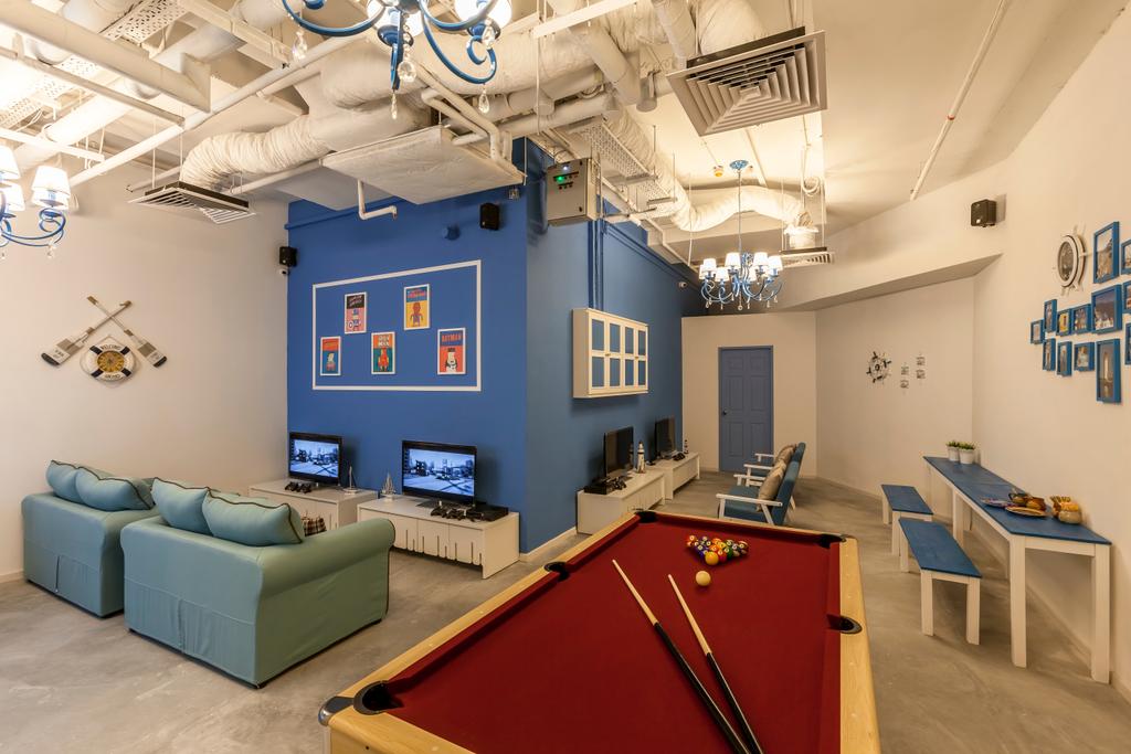 Suntec Tower, Commercial, Interior Designer, The Interior Lab, Modern, Blue Wall, Blue Sofa, Pool Table, Billiards, White Wall, White Interior, Exposed Pipes, Exposed Pipe, Tv Console, Wall Art, Wall Frames, Couch, Furniture, Dining Table, Table