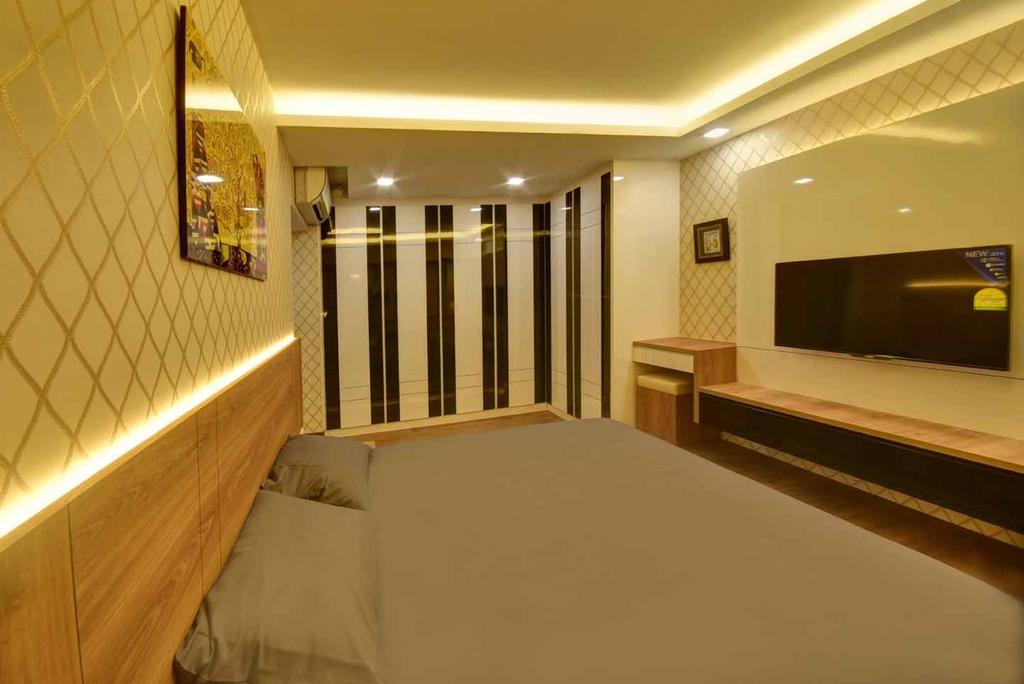 Modern, HDB, Bedroom, Fernvale Link (Block 415), Interior Designer, The Interior Lab, False Ceiling, Cove Light, Wallpaper, Wooden Tv Console, Wooden Headboard, Monochrome Cupboard, Concealed Lighting, Laminate Feature Wall, Feature Wall, Bed, Furniture, Corridor