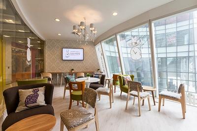 Central Cafe, The Interior Lab, Modern, Commercial, Full Length Glass Window, Printed Chair, Hanging Light, Chandelier, Recessed Lights, Wooden Flooring, Wooden Floor, Black Armchair, Chair, Furniture, Dining Room, Indoors, Interior Design, Room, Dining Table, Table