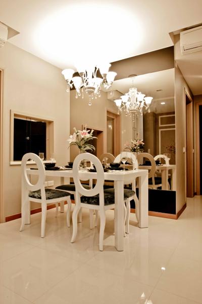 Caspian (Block 54), The Interior Lab, Modern, Dining Room, Condo, Hanging Light, Chandelier, White Dining Chair, Full Length Mirror, White Wall, Flower Vase, White Tiles, Mirror, Indoors, Interior Design, Room, Flora, Jar, Plant, Potted Plant, Pottery, Vase, Chair, Furniture, Dining Table, Table