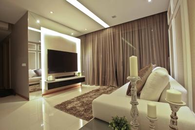 Caspian (Block 54), The Interior Lab, Modern, Living Room, Condo, Carpet, Tv Console, Candlestick, Candle Holder, Rug, Recessed Light, White Sofa, Concealed Lighting, Recessed Lights, Indoors, Interior Design, Room