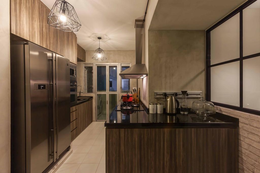Modern, HDB, Kitchen, Boon Lay (Block 183), Interior Designer, The Interior Lab, Hanging Light, Pendant Light, Red Brick Wall, Wood Laminate, Wooden Laminate, Kitchen Tiles, Kitchen Countertop, Black Countertop, Light Fixture, Appliance, Electrical Device, Oven