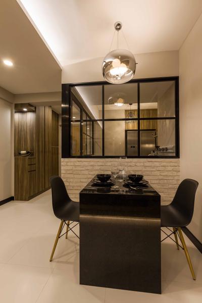 Boon Lay (Block 183), The Interior Lab, Modern, Dining Room, HDB, False Ceiling, Dining Table, Wooden Storage, Red Brick Wall, Wooden Cupboard, Black Dining Chairs, Hanging Light, Concealed Lighting, Appliance, Electrical Device, Oven, Chair, Furniture, Indoors, Interior Design, Room, Bowl