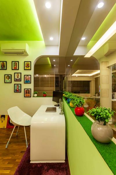 10 Anson International Plaza, The Interior Lab, Modern, Study, Condo, Wall Art, Wall Frames, White Study Desk, Carpet Desk, Potted Plants, Mirror, Green Ceiling, Wooden Flooring, Apple Green Wall, Portrait, White Curved Table, White Chair, Flora, Jar, Plant, Potted Plant, Pottery, Vase, Food, Produce