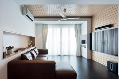 Casa Tropicana, Selangor, Pocket Square, Minimalist, Living Room, Condo, False Ceiling, Recessed Shelf, Tiles, L Shaped Sofa, Tv Console, Brown Leather Sofa, Curtains, Aircon, Sectional Sofa, Wooden Partition, Mini Ceiling Fan, Couch, Furniture, Door, Sliding Door