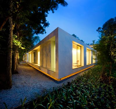 Zig Zag House, Ministry of Design, Modern, Landed, Exterior View, Plantation, Plants, Trees, White Wall, Exterior Lighting, Building, Cottage, House, Housing, Countryside, Hut, Nature, Outdoors, Rural, Shack, Shelter, Flora, Forest, Land, Plant, Rainforest, Tree, Vegetation, Jungle