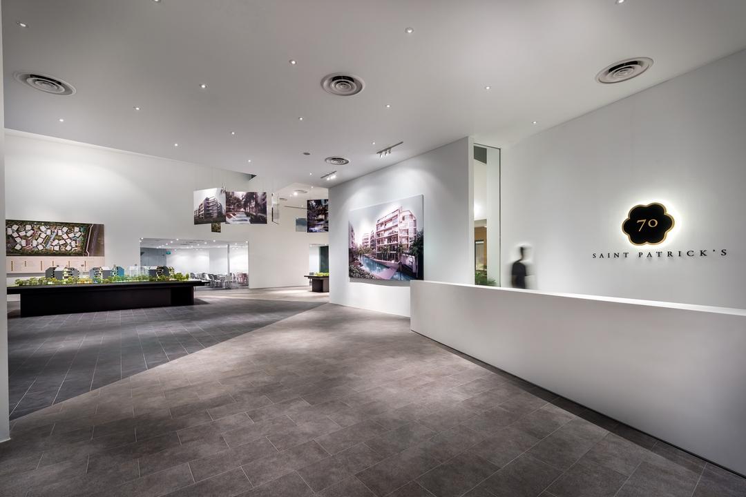 UOL Fractal Gallery, Ministry of Design, Contemporary, Commercial, Entrance, Counter, Signage, White Walls, White Ceiling, Recessed Lighting, Recessed Lights, Concrete Floor, Art, Art Gallery