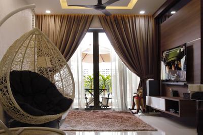 20 Bedok, Corazon Interior, , Living Room, , Brown Rug, Hanging Hammock, Sling Curtain, Recessed Lights, Mini Ceiling Fan, Wall Mounted Television, Floating Television Console, White Marble Floor, Indoors, Room