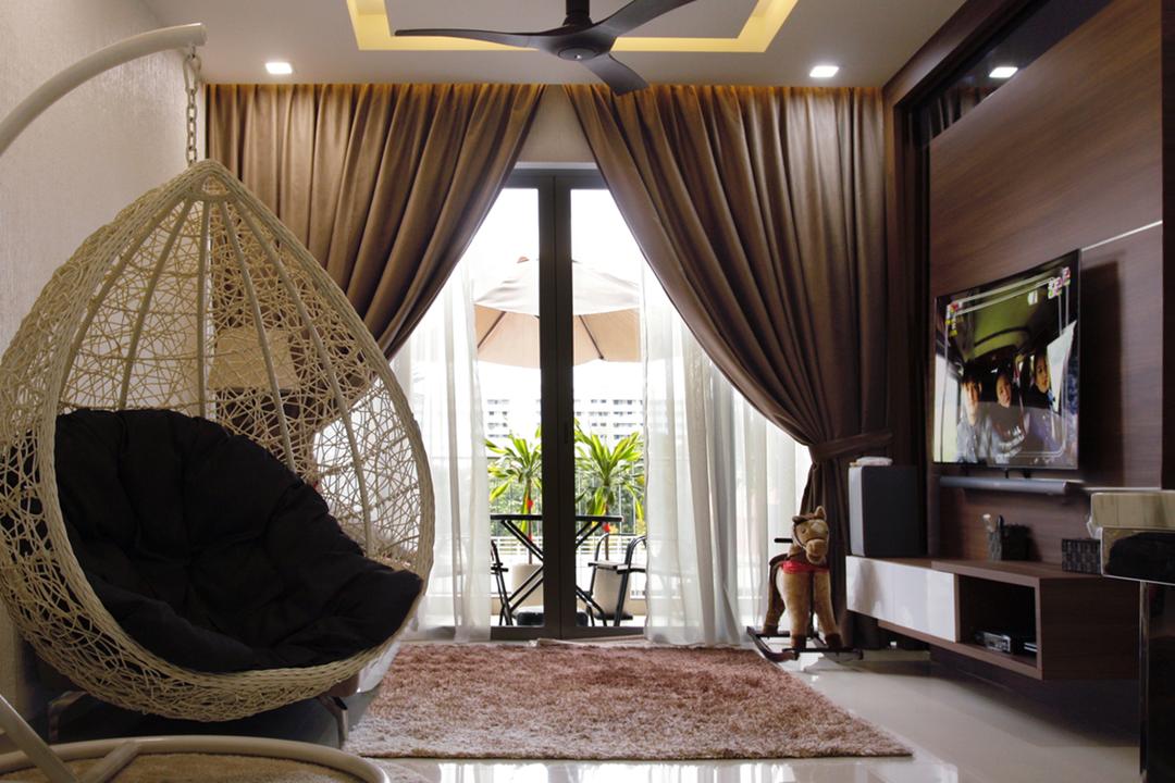 20 Bedok, Corazon Interior, Contemporary, Living Room, HDB, Brown Rug, Hanging Hammock, Sling Curtain, Recessed Lights, Mini Ceiling Fan, Wall Mounted Television, Floating Television Console, White Marble Floor, Indoors, Room