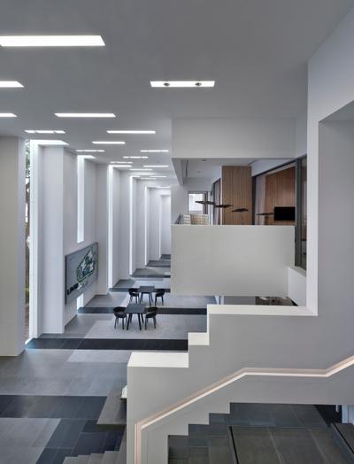 UOL Edge, Ministry of Design, Modern, Commercial, Steps, White Ceiling, Glass Wall, White Wall, White Pillars, Grey Floor, Dining Table, Furniture, Table