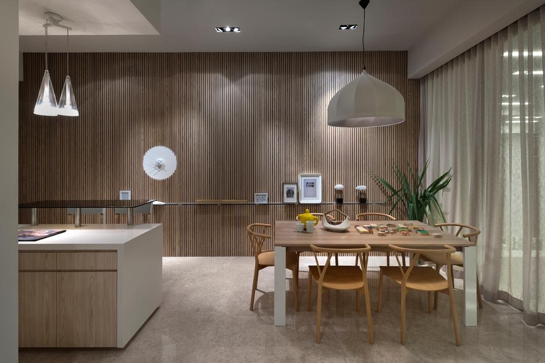 UOL Edge, Ministry of Design, Modern, Commercial, Pendant Light, Pendant Lights, Kitchen Countertop, Laminated Wall, Curtains, White Curtains, Dining Table, Dining Chairs, Wood Dining Table, Furniture, Table, Chair, Dining Room, Indoors, Interior Design, Room, Flooring