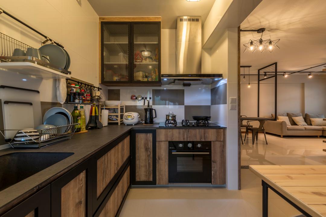 Sumang Walk, Superhome Design, Industrial, Kitchen, HDB, Ceramic Floor, Wooden Table, Wooden Kitchen Cabinet, Wooden Kitchen Cupbaord, Wooden Laminated Top, Built In Oven, Modern Contemporary Kitchen, Indoors, Interior Design, Room, Appliance, Electrical Device, Oven, Shelf