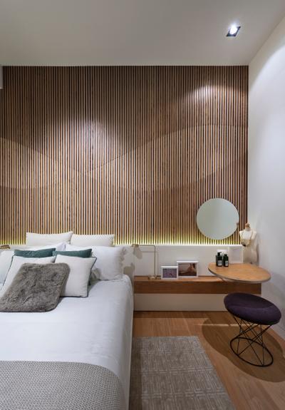UOL Edge, Ministry of Design, Modern, Bedroom, Commercial, Wooden Wall, Concealed Lighting, Concealed Lights, Rug, Cushioned Stool, Bedside Table, Wall Mounted Table, Indoors, Interior Design