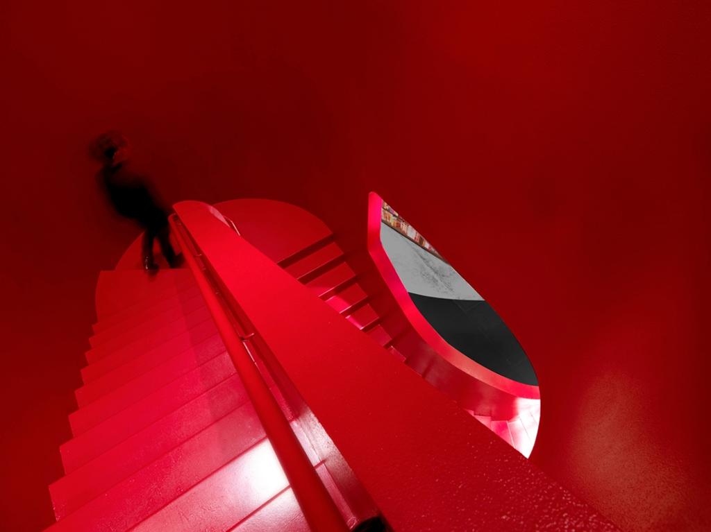 Prologue, Commercial, Architect, Ministry of Design, Modern, Stairway, Red Stairway, Red Wall, High Walls, Red Railing, Red Steps