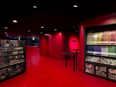 Prologue, Ministry of Design, Modern, Commercial, Red Flooring, Bookshelves, Red Wall, Recessed Lights, Chair, Furniture, Shelf, Shop