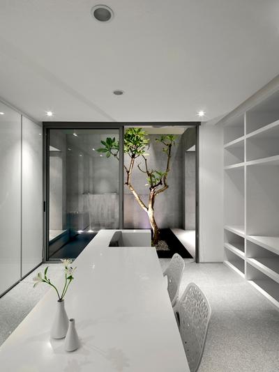 Ontario, Ministry of Design, Modern, Landed, Planted Trees, White Chair, White Ceiling, Chairs, Open Cabinet, Potted Plants, Glass Door, White Cabinet, White Table, Recessed Lights, Bonsai, Flora, Jar, Plant, Potted Plant, Pottery, Tree, Vase, Sink, Art, Blossom, Flower, Flower Arrangement, Ikebana, Ornament