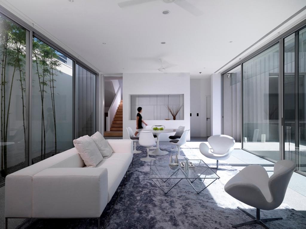 Modern, Landed, Ontario, Architect, Ministry of Design, White Chair, White Ceiling, Glass Wall, Grey Rug, White Wall, Brown Coffee Table, White Sofa, Chair, Furniture, Indoors, Room
