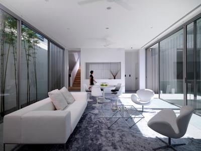 Ontario, Ministry of Design, Modern, Landed, White Chair, White Ceiling, Glass Wall, Grey Rug, White Wall, Brown Coffee Table, White Sofa, Chair, Furniture, Indoors, Room