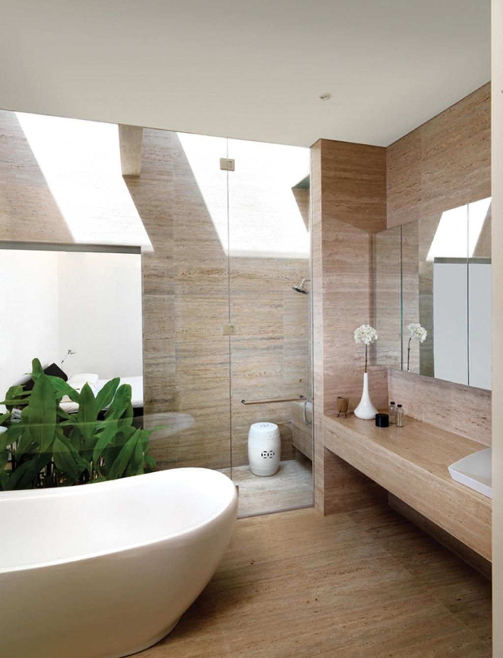 Modern, Landed, Ontario, Architect, Ministry of Design, White Ceiling, White Bathtub, Plant, Potted Plants, Brown Floor, Wooden Flooring, Wooden Wall, Mirror Cabinet, Wall Mounted Cabinet, White Sink, Glass Shower Doors, Flora, Jar, Potted Plant, Pottery, Vase, Indoors, Interior Design