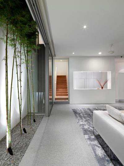 Ontario, Ministry of Design, Modern, Landed, Planted Trees, White Ceiling, Grey Rug, Rug, White Wall, Pebbles Path, White Sofa, Recessed Lights, Bamboo, Flora, Plant, Corridor