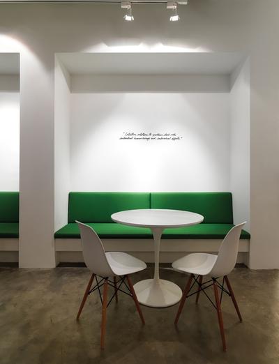 Leo Burnett, Ministry of Design, Eclectic, Commercial, White Ceiling, White Wall, White Chair, White Table, Round Table, Green Bench, Bench Seat, Chair, Furniture, Dining Room, Indoors, Interior Design, Room, Dining Table, Table