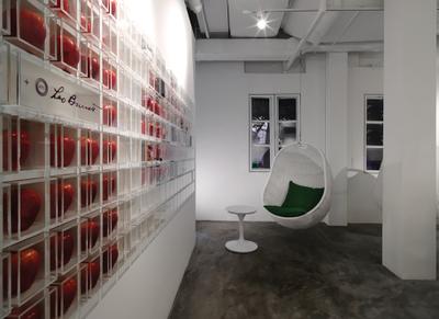 Leo Burnett, Ministry of Design, Eclectic, Commercial, Concrete Floor, White Wall, White Ceiling, Ceiling Light, Shelf, Wall Shelf, Hanging Chair, Cushions, Green Cushions, White Table, Stool Table