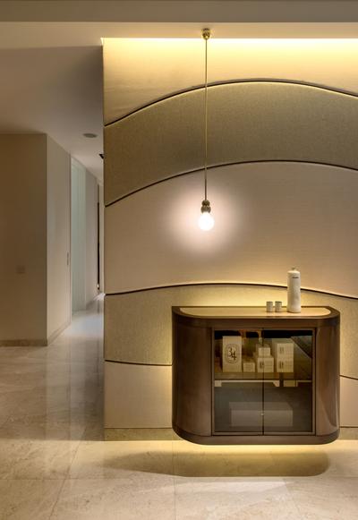 DUO Residences, Ministry of Design, Contemporary, Commercial, White Marble Floor, Hanging Light, Hanging Light Bulb, Wall Mounted Cabinet, White Kitchen Cabinets, Curvy Wall Designs, Concealed Lighting, Concealed Lights