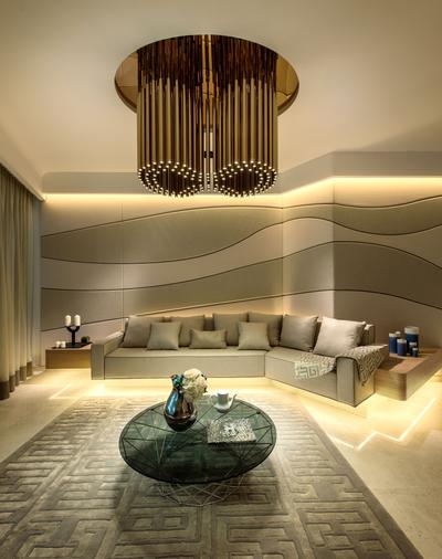 DUO Residences, Ministry of Design, Contemporary, Commercial, Concealed Lighting, Concealed Lights, Pendant Light, Pendant Lights, Rug, Small Coffee Table, Round Coffee Table, Curvy Design Walls, Curtains, Sofa, Couch, Furniture, Indoors, Interior Design