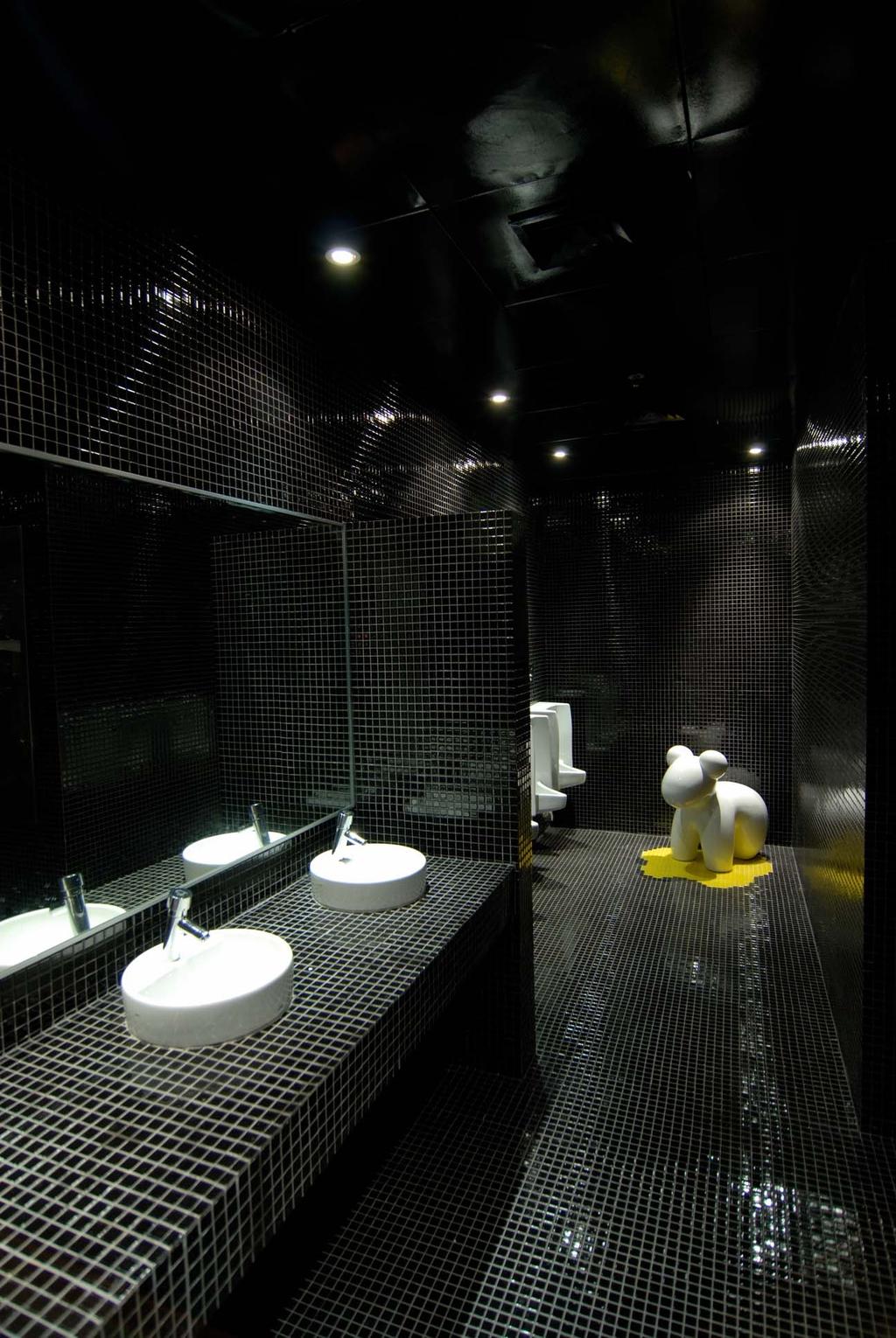 BBH, Commercial, Architect, Ministry of Design, Contemporary, Black Wall, Recessed Lights, Black Tiled Floor, White Basin, Mirror, Inflatable, Bathroom, Indoors, Interior Design, Room