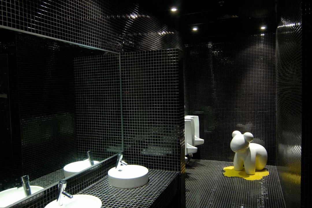 BBH, Ministry of Design, Contemporary, Commercial, Black Ceiling, Black Wall, Recessed Lighting, Black Tiled Floor, White Basin, Mirror, Inflatable, Bathroom, Indoors, Interior Design, Room