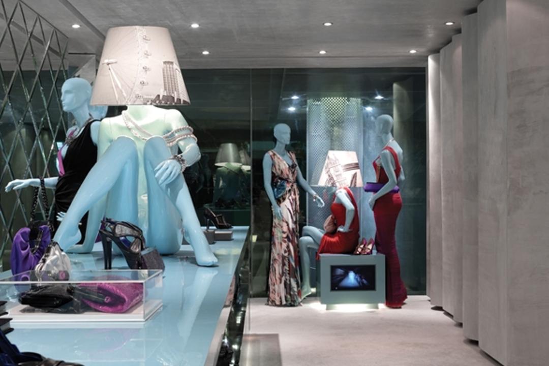 Ashley Isham Mandarin, Ministry of Design, Contemporary, Commercial, Recessed Lighting, Recessed Lights, Concrete Flooring, Blue Counter, Display Counters, Model Displays, Figurine, Mannequins, Human, People, Person, Clothing, Footwear, High Heel, Shoe, Sari