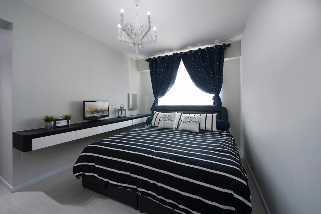 Modern, HDB, Bedroom, Anchorvale (Block 331A), Interior Designer, ELPIS Interior Design, Curtains, Chandelier, Wall Mounted Table, Monochrome Table, Monochrome Stripes, Monochrome Striped Bedsheet, Indoors, Interior Design, Room