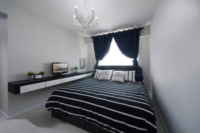 Anchorvale (Block 331A), ELPIS Interior Design, Modern, Bedroom, HDB, Curtains, Chandelier, Wall Mounted Table, Monochrome Table, Monochrome Stripes, Monochrome Striped Bedsheet, Indoors, Interior Design, Room