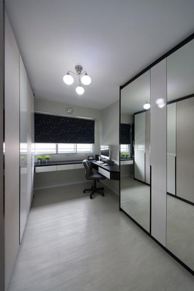 Anchorvale (Block 331A), ELPIS Interior Design, Modern, Study, HDB, Wooden Flooring, Laminated Floor, Ceiling Light, Black Blinds, Blinds, Study Desk, Office Chair, Wall Mounted Desk, Mirror, Full Length Mirror, White Cupboard, Desk, Furniture, Table