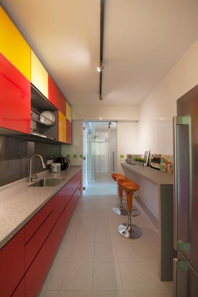 Anchorvale (Block 331A), ELPIS Interior Design, Modern, Kitchen, HDB, Track Lighting, Trackie, Black Track Lights, Bar Stool, Stool Chair, Orange Bar Stool, Colourful Cabinets, Wall Mounted Cabinets, Red Cabinets, Sink, Furniture