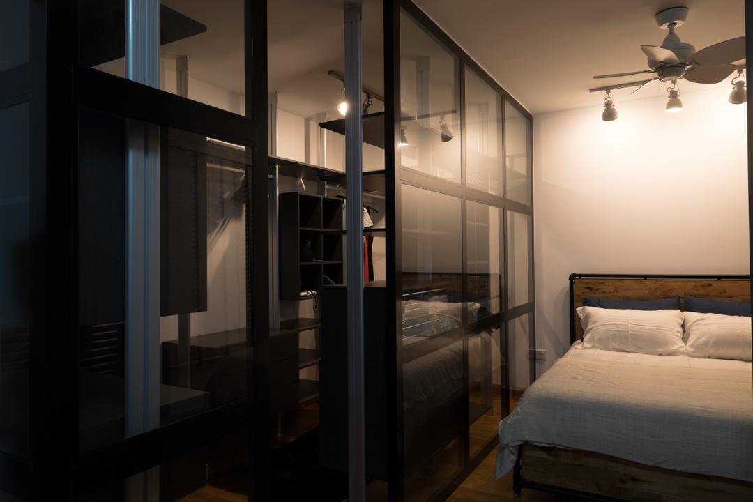 Edgedale Plains (Block 662A), Nitty Gritty Interior, Scandinavian, Bedroom, HDB, King Size Bed, Wooden Bedding Platform, Track Lights, Ceiling Fan, Glass Panel, Cozy, Cosy, Modern Contemporary Bedroom