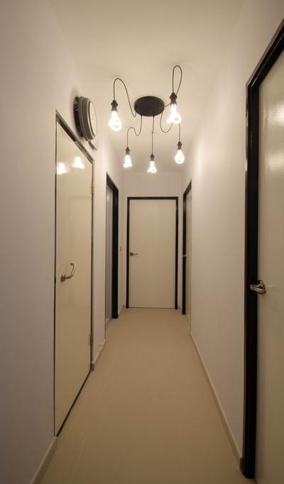 Fernvale Link (Block 440C), ELPIS Interior Design, Minimalist, HDB, Hanging Lights, Hanging Light Bulbs, Hanging Bulb Lights, Wall Clock, Beige Doors