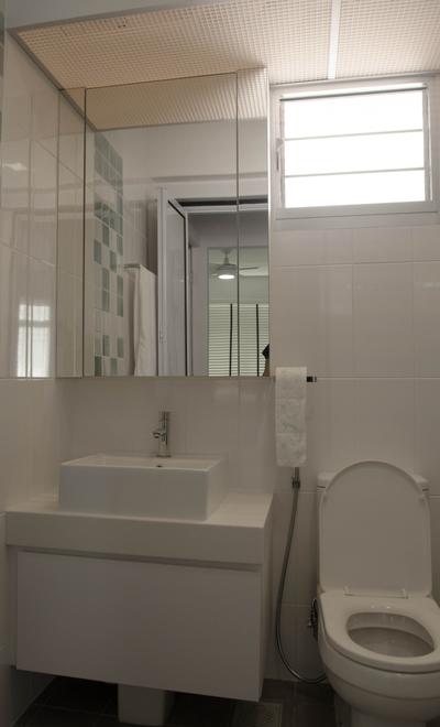 Fernvale Link (Block 440C), ELPIS Interior Design, Minimalist, Bathroom, HDB, White Cabinet, White Basin, White Sink, Mirror, Mirror Cabinet, Indoors, Interior Design, Room