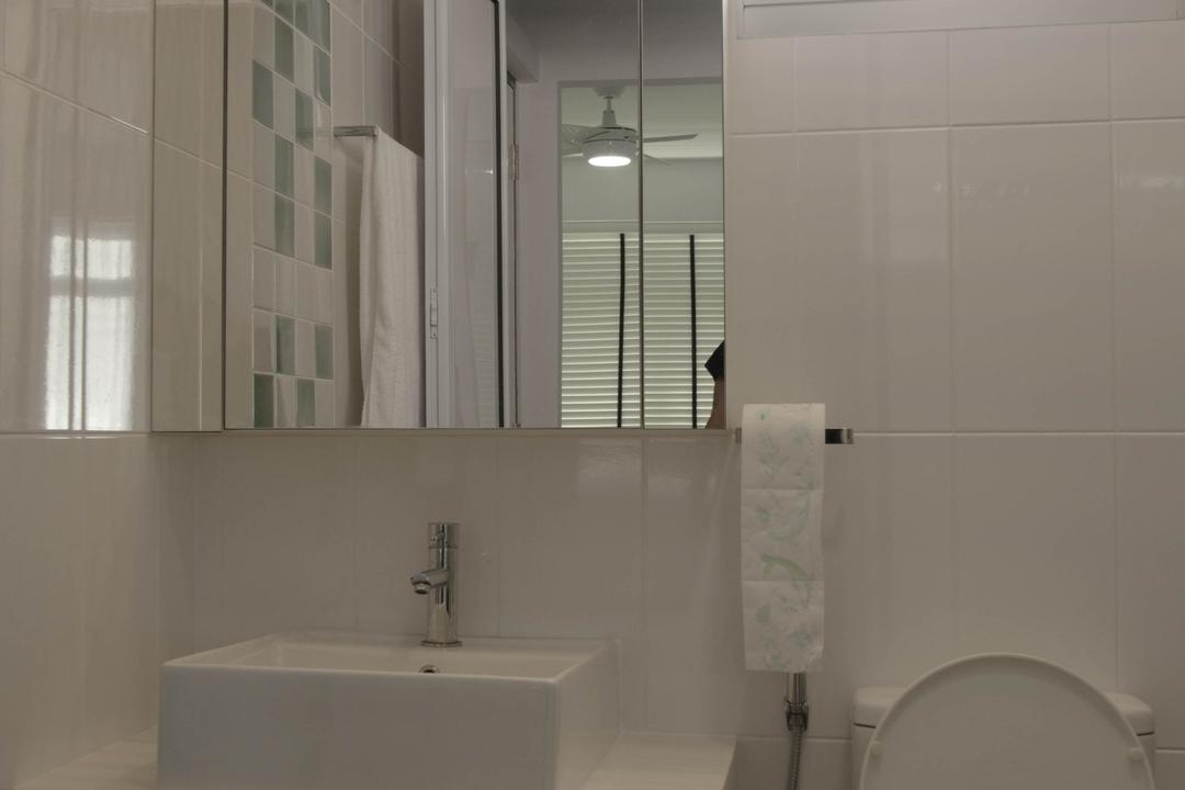 Fernvale Link (Block 440C), ELPIS Interior Design, Minimalist, Bathroom, HDB, White Cabinet, White Basin, White Sink, Mirror, Mirror Cabinet, Indoors, Interior Design, Room