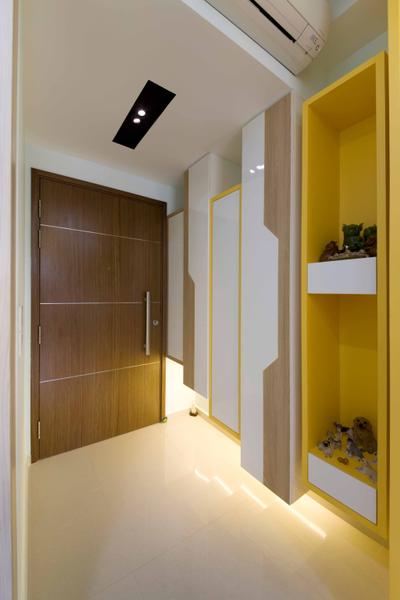 Miltonia, ELPIS Interior Design, Modern, Living Room, Condo, Recessed Lights, Display Decors, Brown Door, Entrance, White Shelf, Yellow Shelves, Wood Door