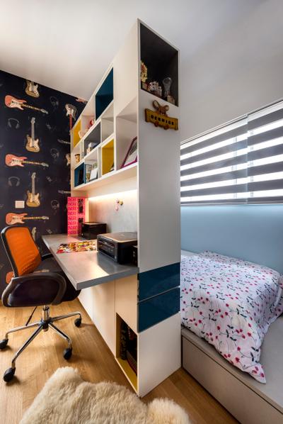 Vacanza @ East, Prozfile Design, Contemporary, Bedroom, Condo, Bed Board, Venetian Blinds, Blinds, Wooden Flooring, Light Wood, Laminate Flooring, Shelf, Open Shelf, Partition Shelf, Wallpaper, Office Chair, Study Desk, Indoors, Interior Design, Room, Appliance, Electrical Device, Oven