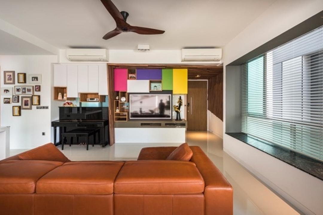 St Patrick Residences, Prozfile Design, Contemporary, Living Room, Condo, Blinds, Wall Art, Wall Frames, Wooden Fan, Colourful Cabinet, Colourful Cabinets, Wooden Cabinets, Wooden Display Cabinet, Couch, Furniture, Indoors, Room