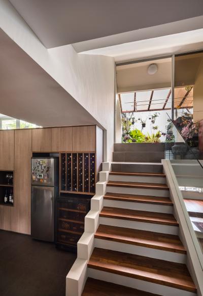 Pandan Valley, Prozfile Design, Eclectic, Condo, Wooden Stairs, Wooden Staircase, Wine Cellar, Wine Storage, Wooden Storage, Stairs, Staircase, Flora, Jar, Plant, Potted Plant, Pottery, Vase, Banister, Handrail