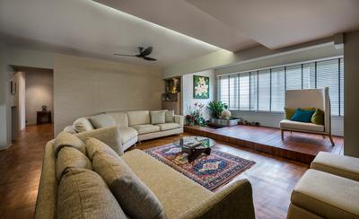 Pandan Valley, Prozfile Design, Eclectic, Living Room, Condo, Carpet, Venetian Blinds, Wall Art, False Ceiling, Wooden Platform, Platform, Blinds, Wooden Floor, Rug, Glass Coffee Table, Wooden Flooring, White Armchair, Concealed Lighting, Couch, Furniture, Indoors, Room